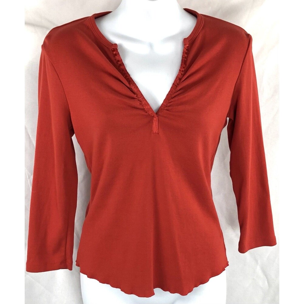 New York & co jersey top S burnt orange 3/4 sleeve satin trim V-neck Cut In